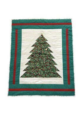 VTG Handmade Embellished Christmas Tree w/ Ornament Quilted Wall Hanging 36”x31”